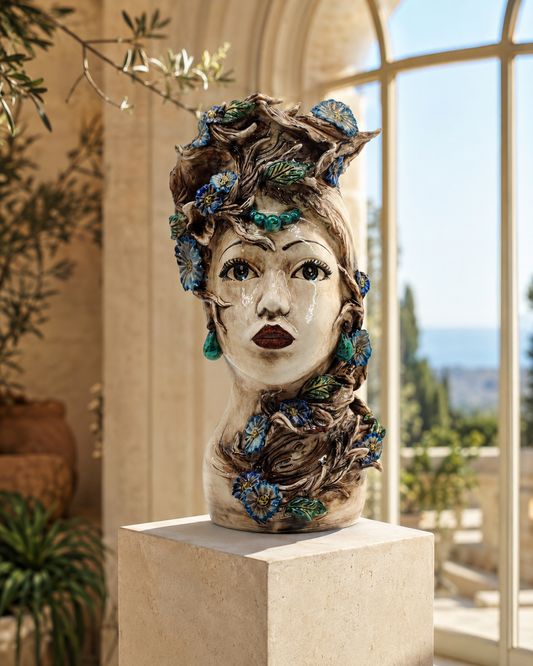 Sicilian Female Head Vase 38 cm – Handmade Floral Testa di Moro with Blue Flowers