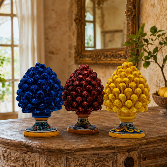 Handmade Sicilian Yellow Ceramic Pine Cone – 22 cm Caltagirone Home Décor