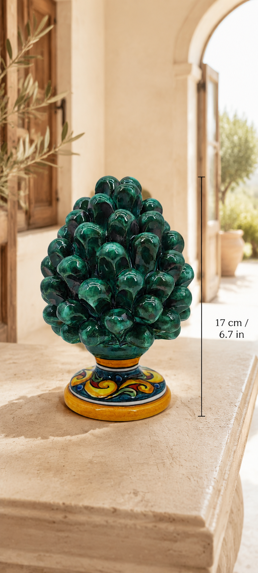 Handmade Sicilian Ceramic Pine Cone 17 cm – Emerald Green or Burgundy