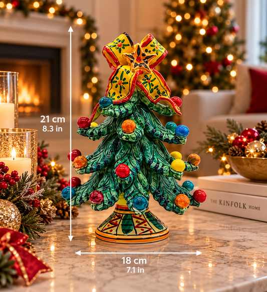 Italian ceramic Christmas tree 21 cm tall and 18 cm wide with red trim yellow bo
