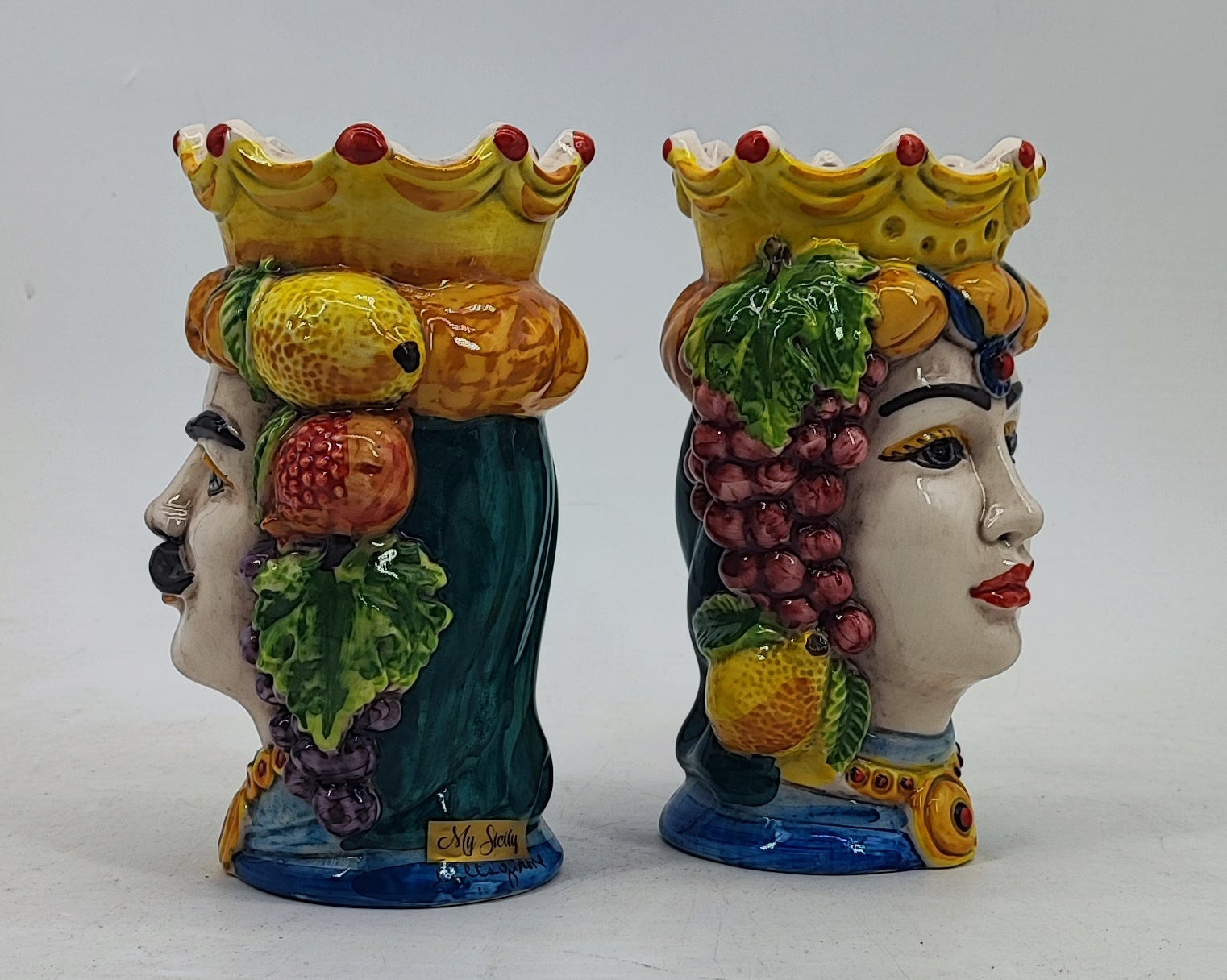 Hand-painted faces of a Sicilian king and queen Moorish Head ceramic pair