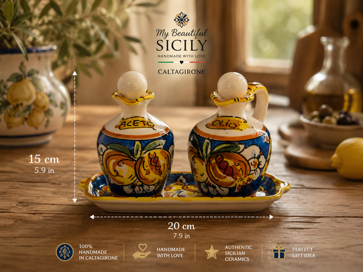 Hand-painted Sicilian ceramic olive oil bottle marked Olio with a decorative ceramic stopper