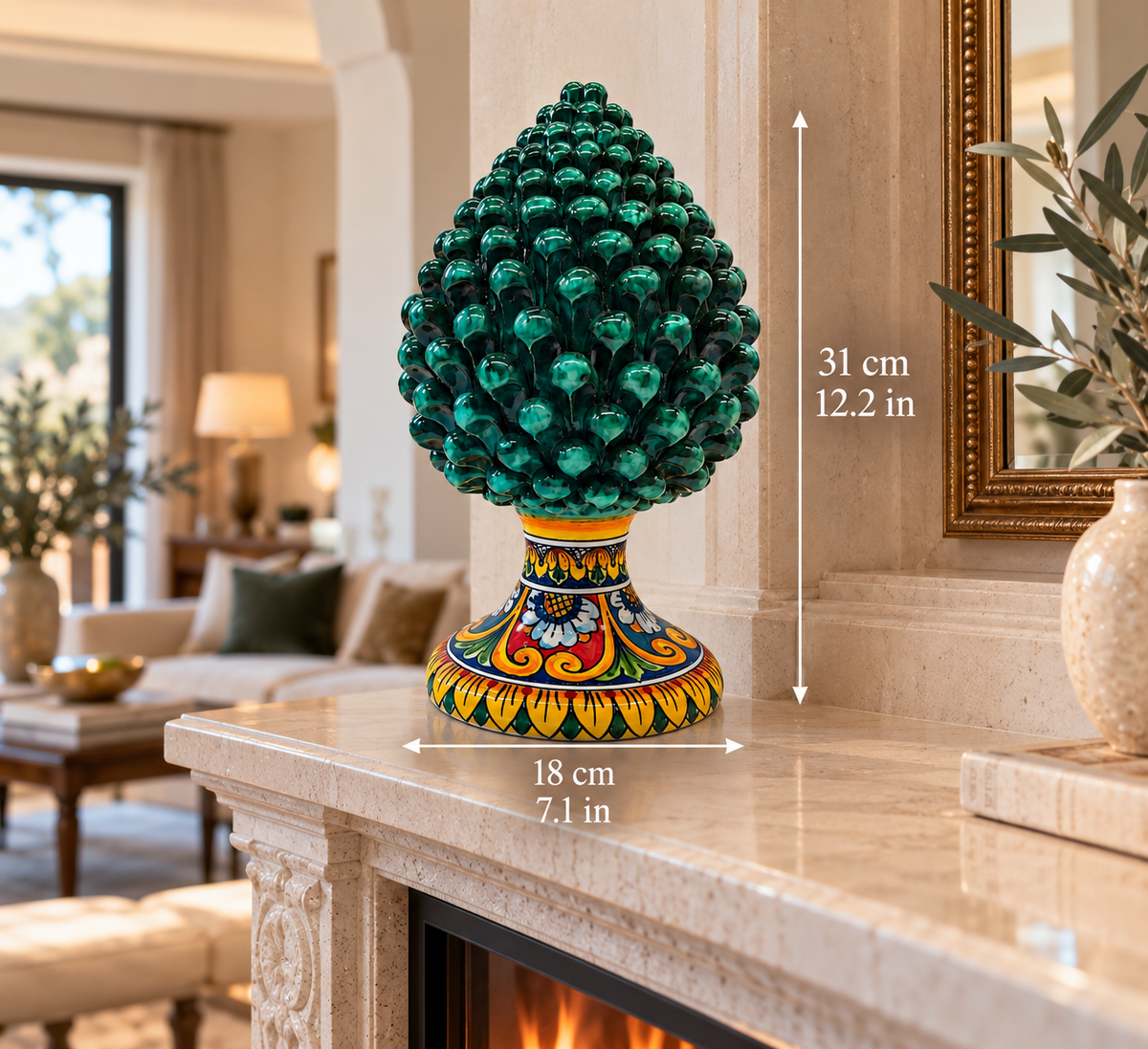 Handmade emerald green ceramic Pigna from Sicily with a traditional multicolored hand-painted pedestal.