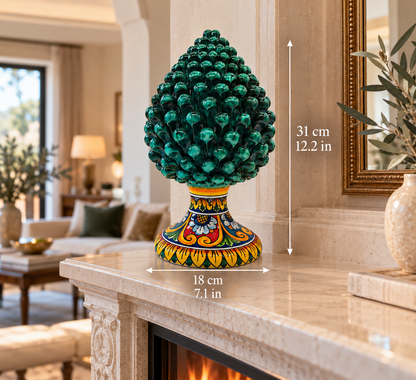 Handmade emerald green ceramic Pigna from Sicily with a traditional multicolored hand-painted pedestal.