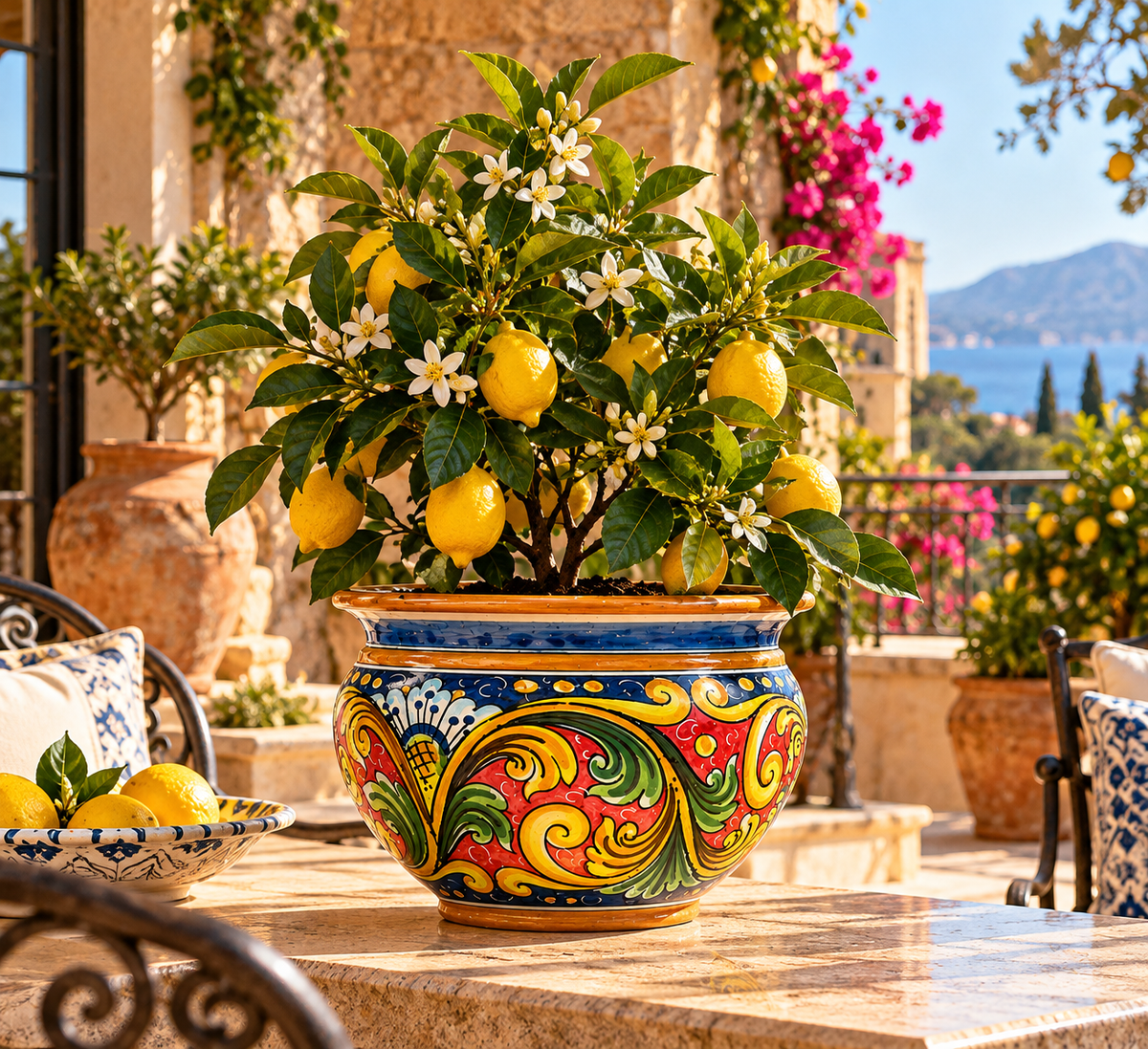 Traditional handmade Italian majolica cachepot with a rounded shape and vibrant Sicilian floral decoration