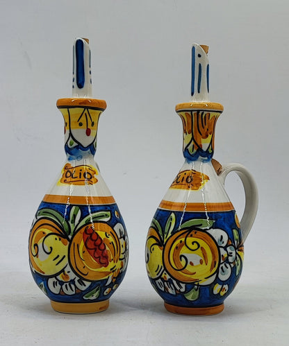 Hand-painted Sicilian ceramic olive oil bottle with handle and pouring spout