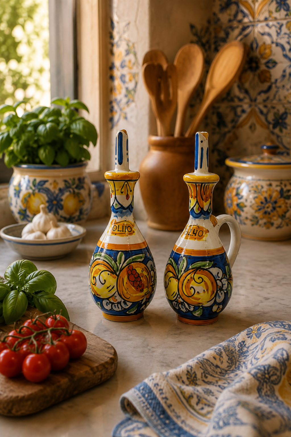 Handmade Sicilian ceramic olive oil bottle with colorful citrus decoration