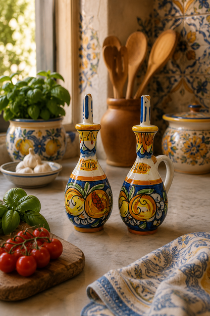 Handmade Sicilian ceramic olive oil bottle with colorful citrus decoration