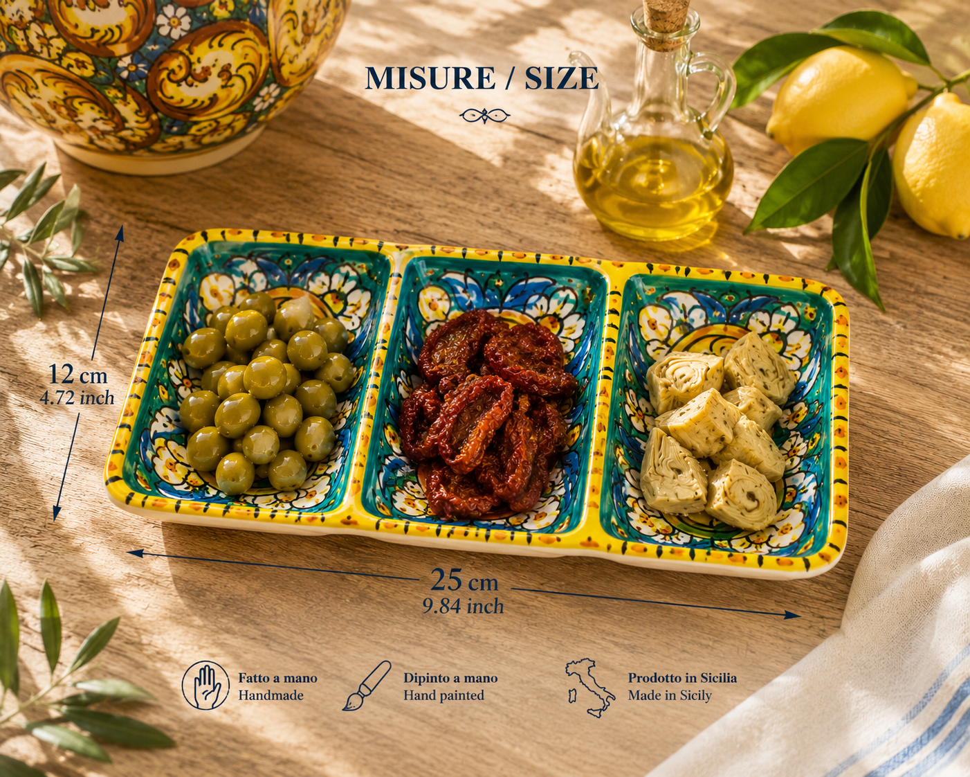 Handmade Sicilian Ceramic Appetizer Serving Dish – Caltagirone Antipasti Tray – Hand Painted Italian Snack Platter – Olive, Tapas & Dip Server