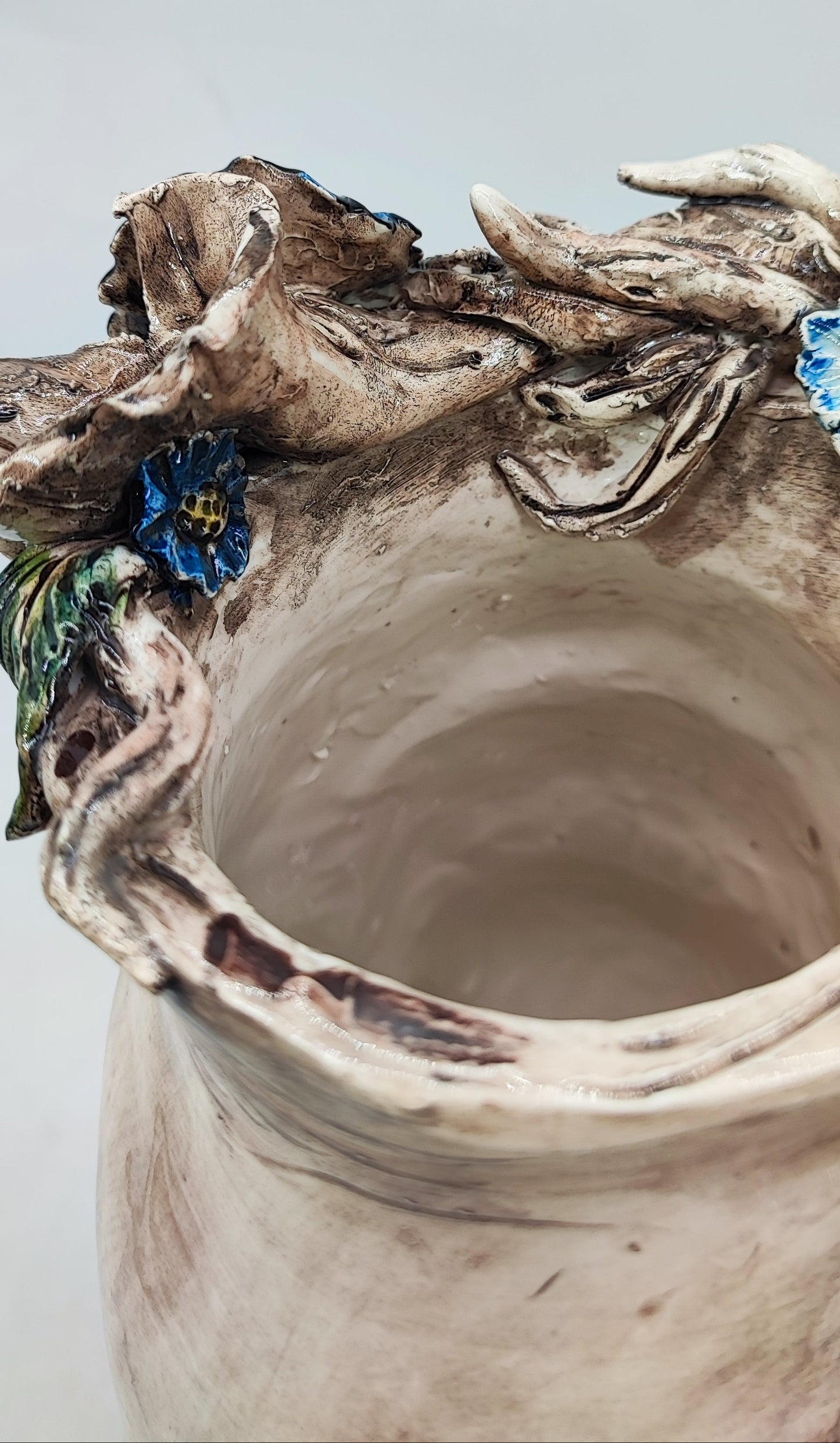 Sicilian Female Head Vase 38 cm – Handmade Floral Testa di Moro with Blue Flowers