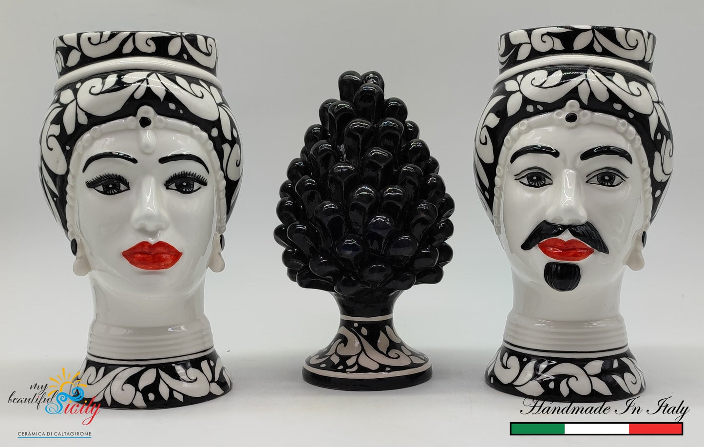 Various Sets of Ceramica di Caltagirone " Sicilian ( Modern) Moorish heads 24H with 20cm Pine