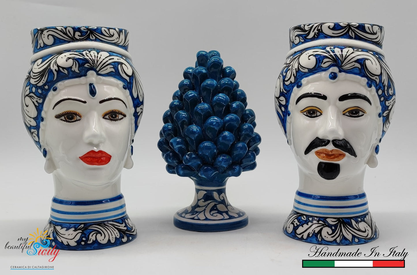 Various Sets of Ceramica di Caltagirone " Sicilian ( Modern) Moorish heads 24H with 20cm Pine