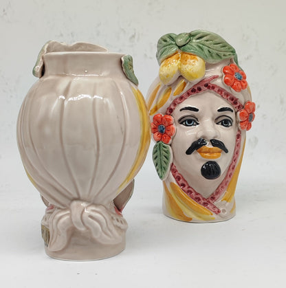 Handmade Italian ceramic Moorish Head couple with lemons, decorative Sicilian pottery gift set
