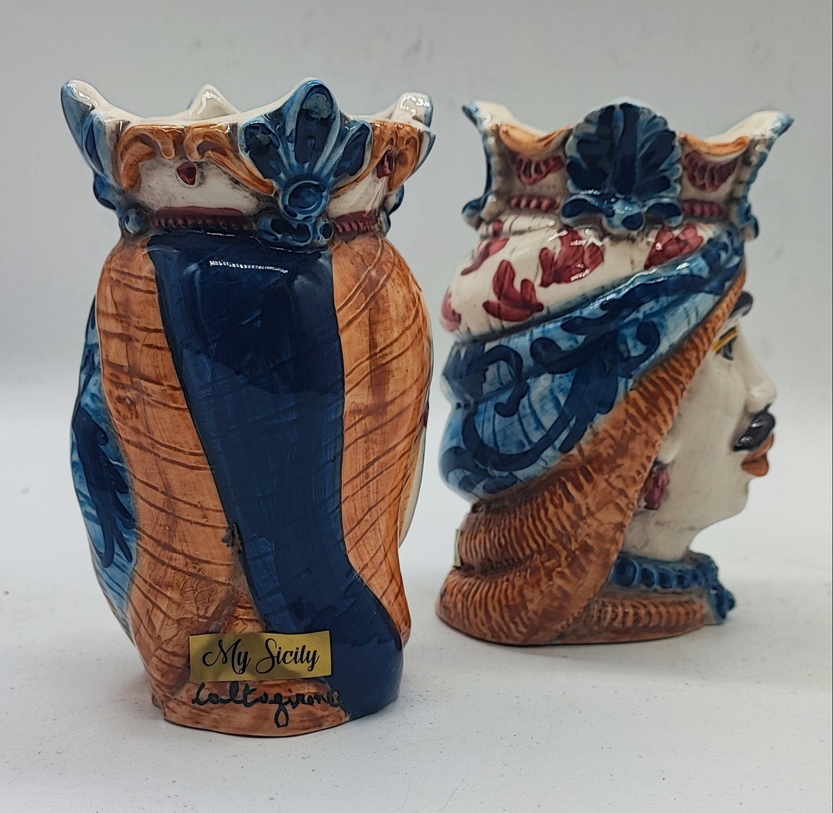 Small Sicilian Moorish Heads for Italian and Mediterranean home decor, handmade ceramic pair from Sicily.
