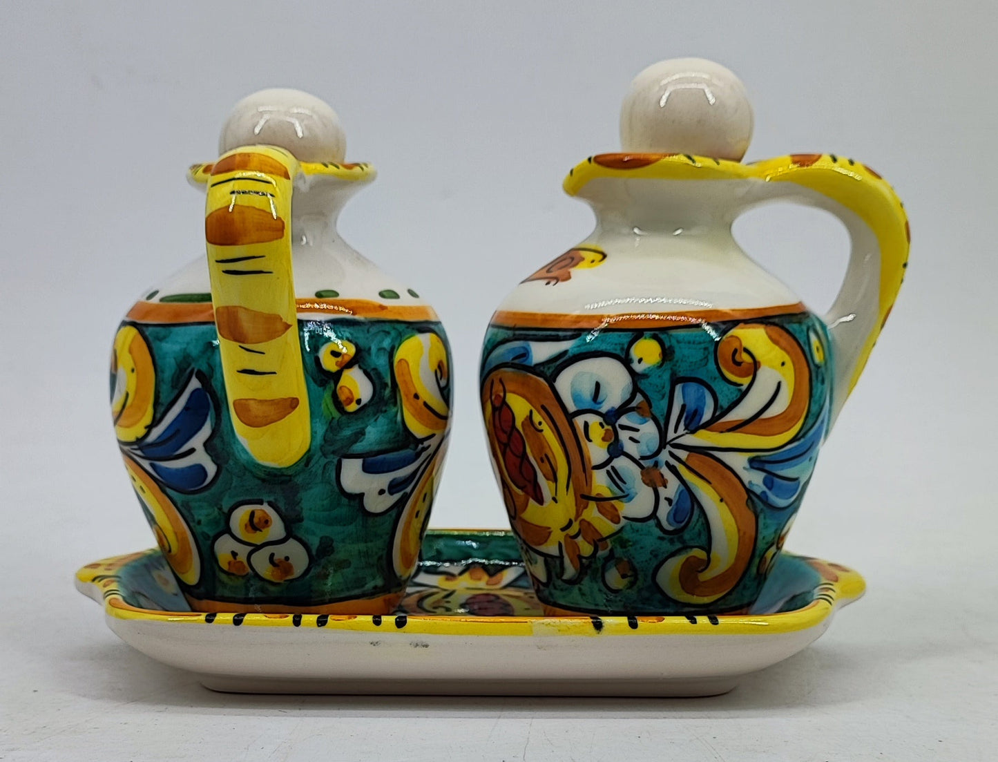 Handmade Sicilian kitchen ceramic set decorated with lemons and Mediterranean colors