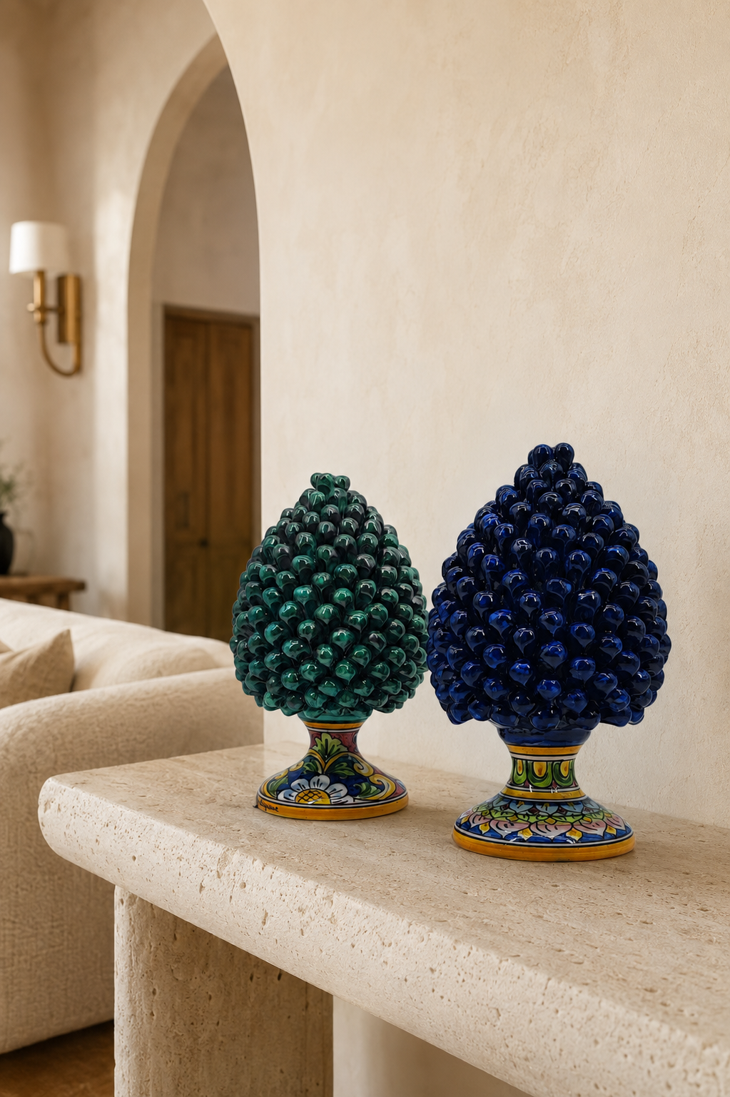 Sicilian Ceramic Pine Cone 27 cm – Emerald Green or Cobalt Blue Handmade Pigna