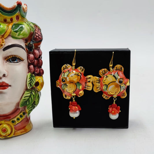 Sicilian Fish Earrings – Hand-Painted Red Ceramic with Freshwater Pearls, Orange Coral & Gold Hooks (6.5 cm / 2.56 in)