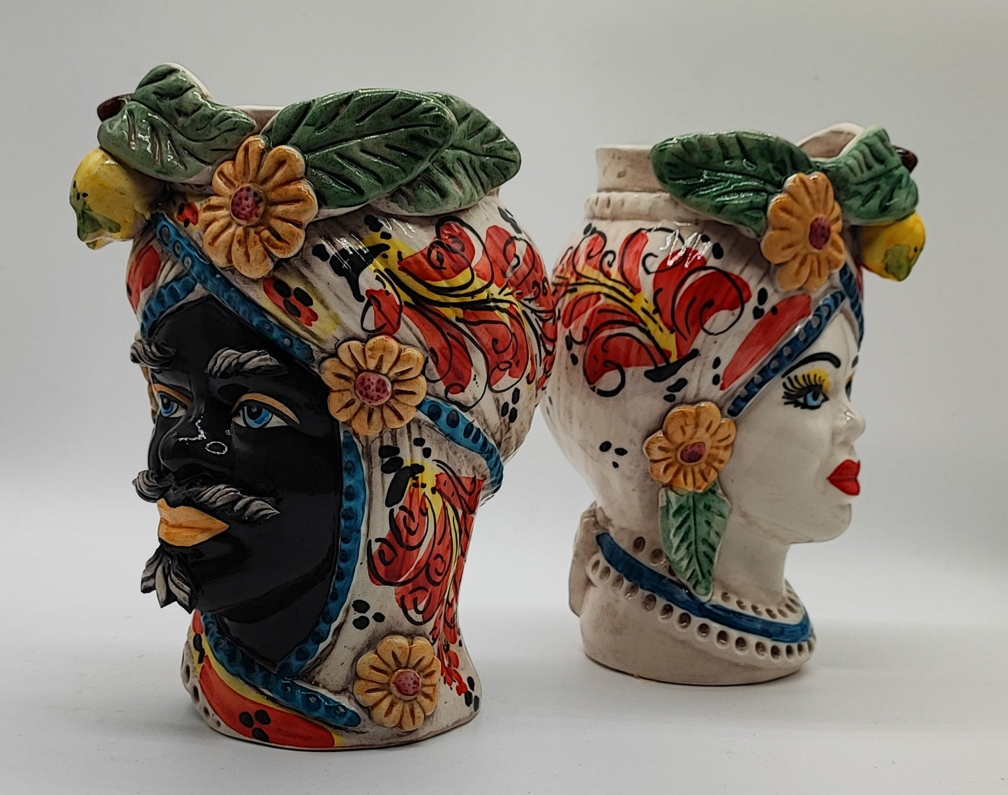 Sicilian Testa di Moro Pair – Hand-Painted Caltagirone Ceramic Head Vases