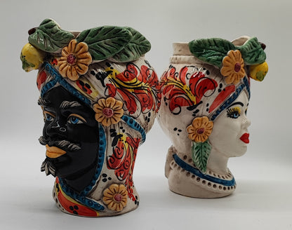 Sicilian Testa di Moro Pair – Hand-Painted Caltagirone Ceramic Head Vases
