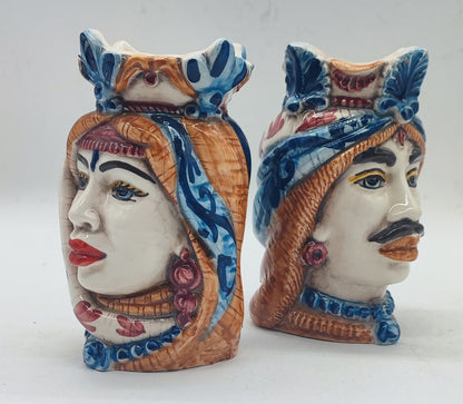 Male and female Teste di Moro pair with colorful hand-painted details inspired by Sicilian Caltagirone pottery.
