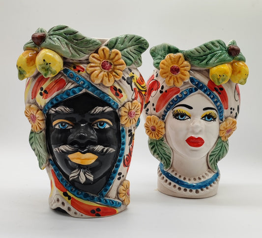 Sicilian Testa di Moro Pair – Hand-Painted Caltagirone Ceramic Head Vases