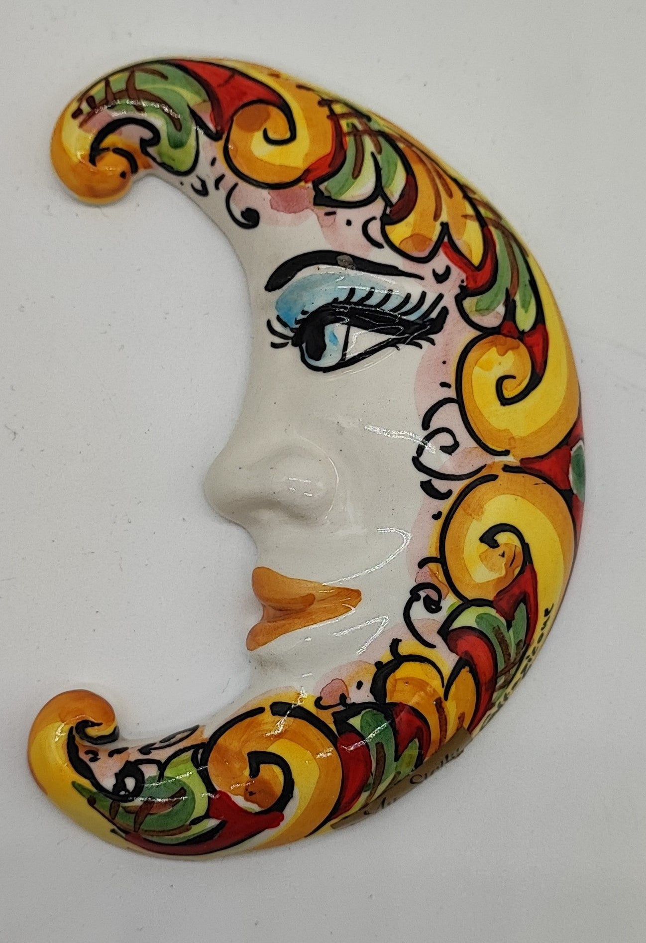 Multicolor Sicilian ceramic crescent moon wall decoration measuring 16 cm or 6.3 inches tall