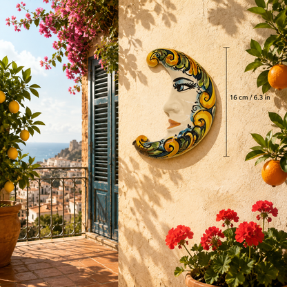 Hand-painted multicolor Sicilian ceramic crescent moon with yellow, green, blue and orange scrollwork