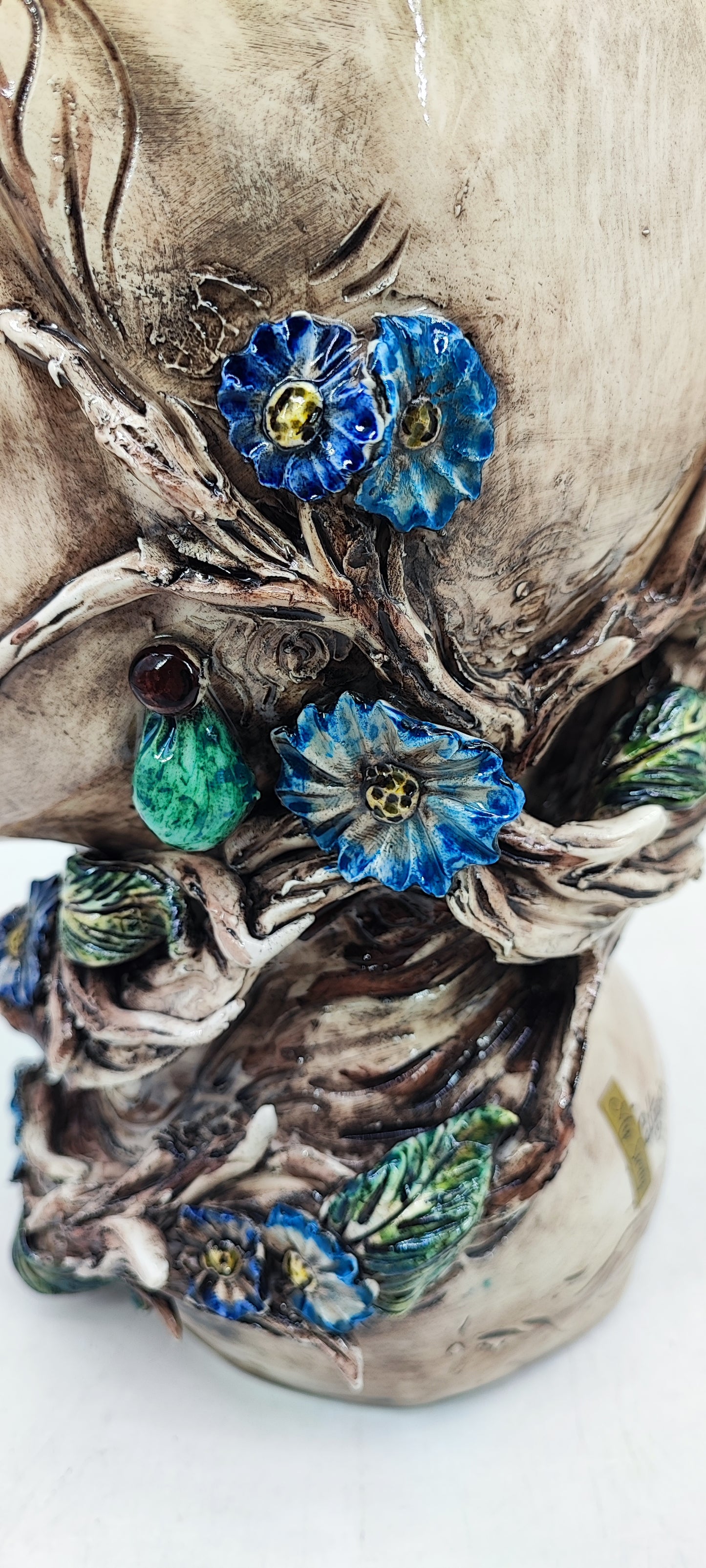 Sicilian Female Head Vase 38 cm – Handmade Floral Testa di Moro with Blue Flowers