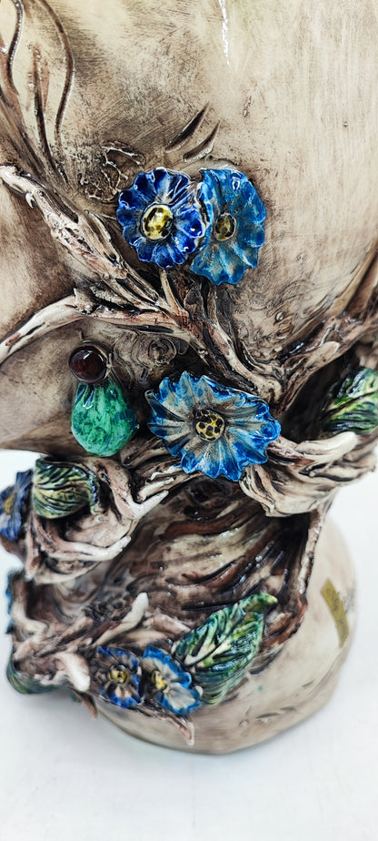 Sicilian Female Head Vase 38 cm – Handmade Floral Testa di Moro with Blue Flowers