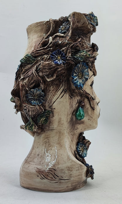 Sicilian Female Head Vase 38 cm – Handmade Floral Testa di Moro with Blue Flowers