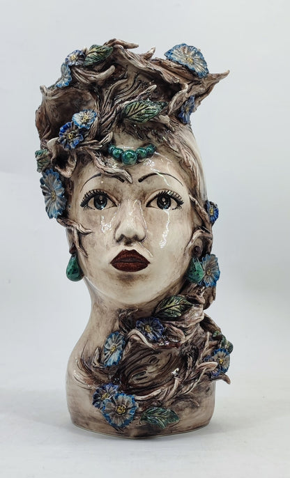 Sicilian Female Head Vase 38 cm – Handmade Floral Testa di Moro with Blue Flowers