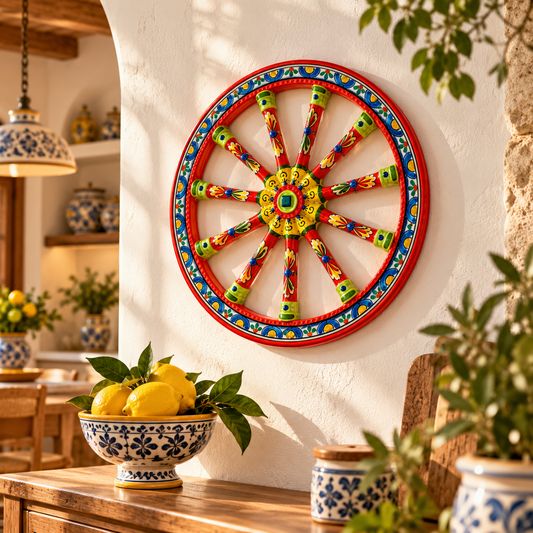 ALT: Colorful hand-painted Sicilian ceramic cart wheel displayed on a Mediterranean kitchen wall, traditional Caltagirone pottery from Italy.