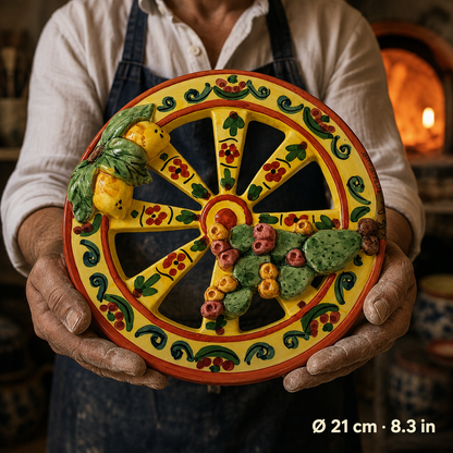 Yellow Sicilian ceramic cart wheel with raised lemons, green leaves and prickly pears, 21 cm in diameter