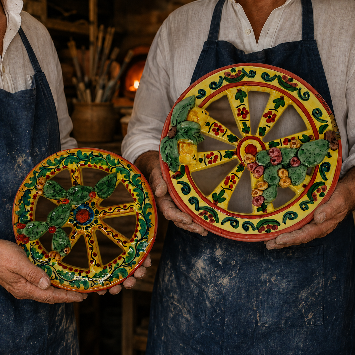 Two yellow Sicilian ceramic cart wheels with raised prickly pear and lemon decorations, held side by side.