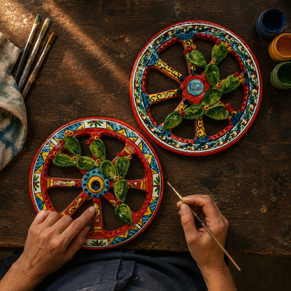 Hands holding a Sicilian ceramic cart wheel with red spokes, blue and yellow patterns and raised prickly pears. Diameter 20 cm, 7.9 inches.