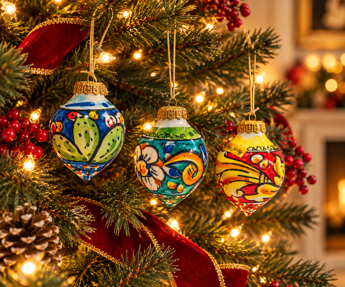 Three hand-painted Sicilian ceramic Christmas ornaments hanging on a festive tree with warm lights and red ribbons.