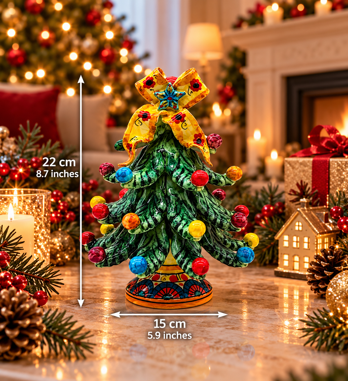 Hand-painted Sicilian Christmas tree with floral yellow bow, measuring 22 cm high and 15 cm wide.