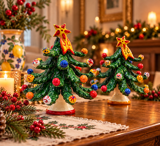 Hand-painted green ceramic Christmas tree from Sicily, measuring 16 cm high and 15 cm wide, traditional Caltagirone pottery.