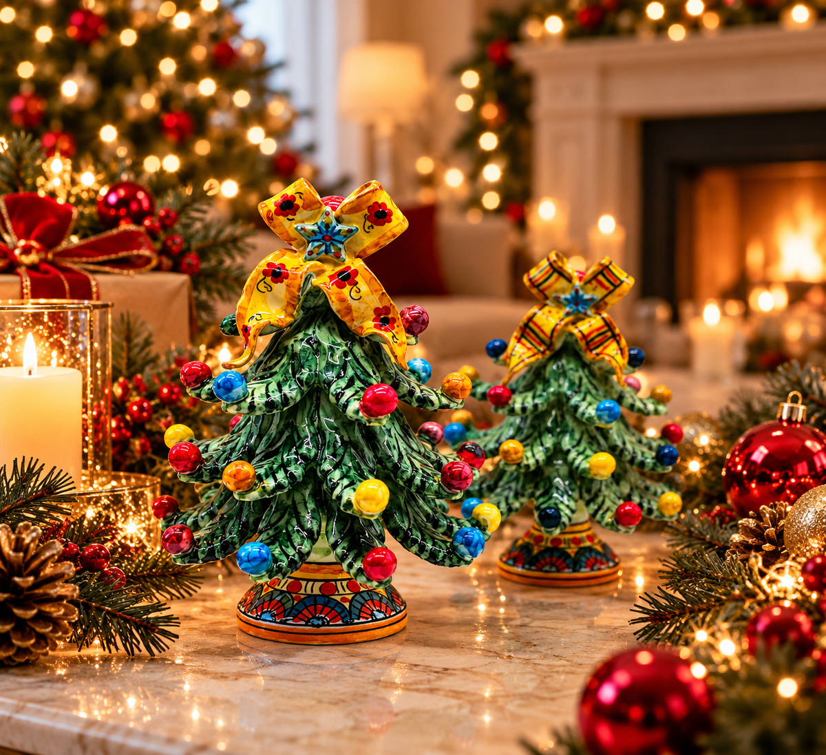 Two hand-painted Sicilian ceramic Christmas trees with colorful ornaments displayed beside a festive fireplace.
