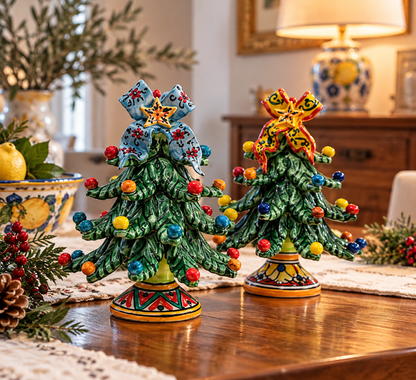 Two hand-painted Sicilian ceramic Christmas tree designs with colorful ornaments and decorative bows