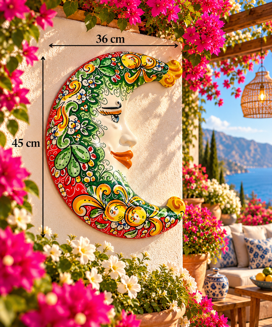 Sicilian Caltagirone ceramic moon wall decoration measuring 45 cm high and 36 cm wide.