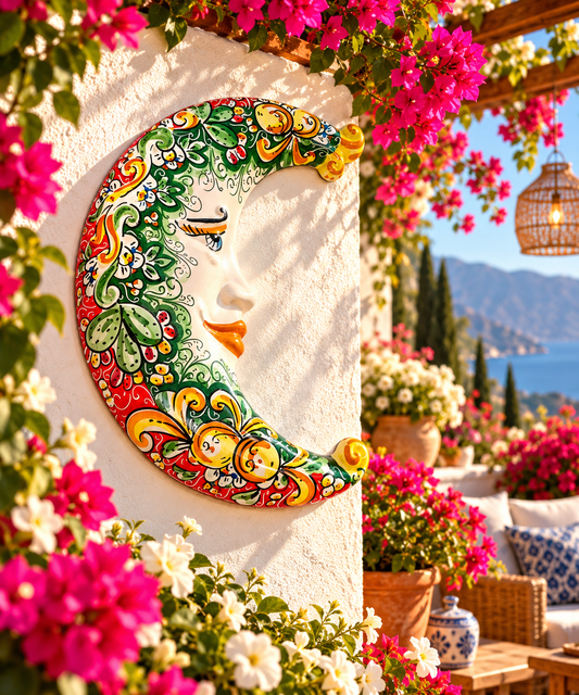 Hand-painted Sicilian ceramic crescent moon displayed on a Mediterranean terrace with colourful flowers.