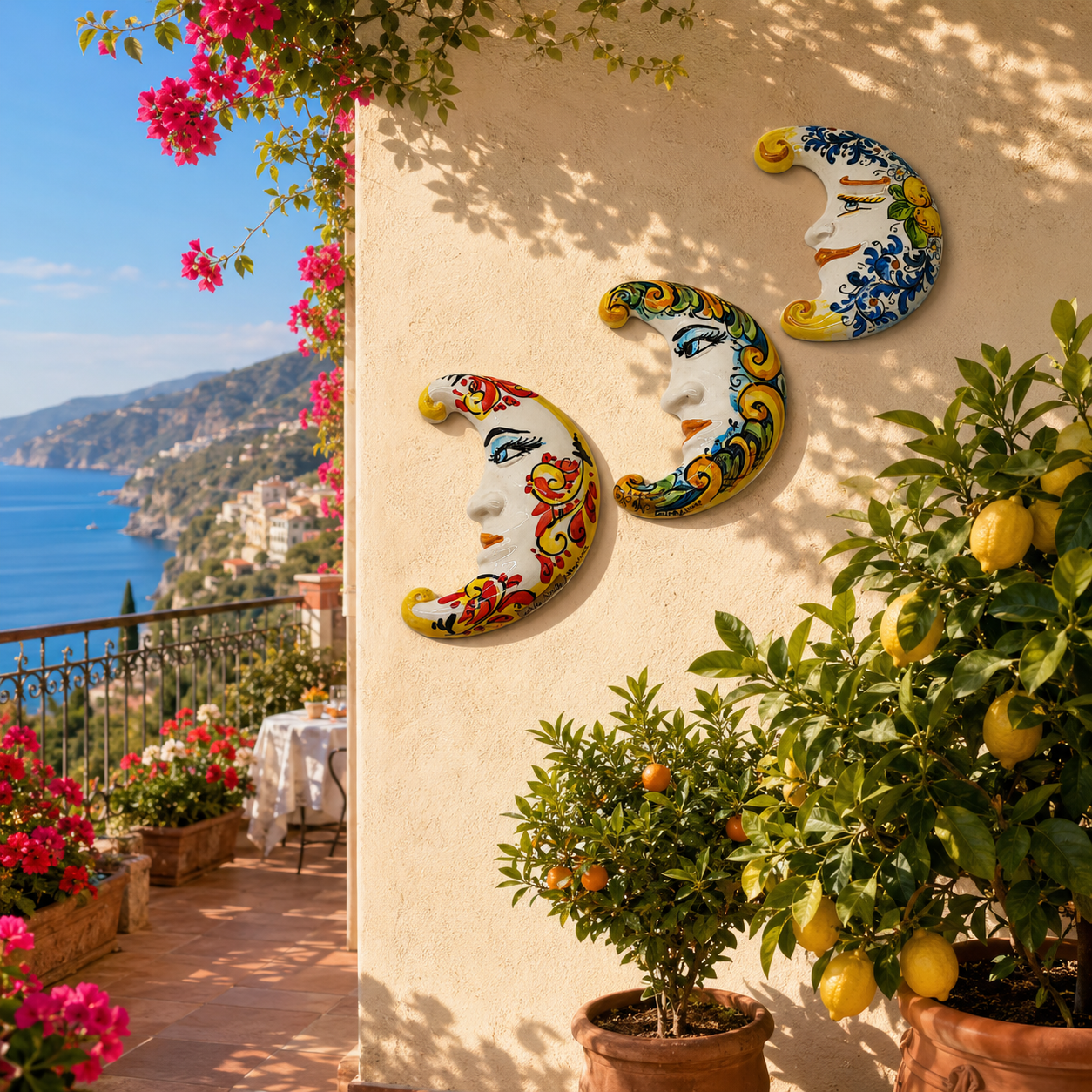 Three handmade Sicilian ceramic crescent moon wall decorations in lemon, multicolor and red designs, sold separately