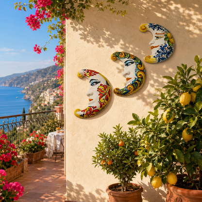 Three handmade Sicilian ceramic crescent moon wall decorations in lemon, multicolor and red designs, sold separately