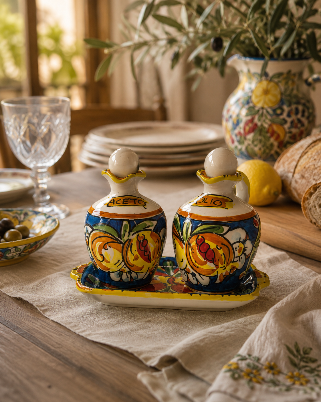 Hand-painted Sicilian ceramic oil and vinegar set with matching tray displayed on an Italian dining table