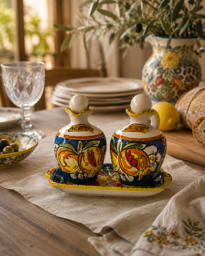 Hand-painted Sicilian ceramic oil and vinegar set with matching tray displayed on an Italian dining table