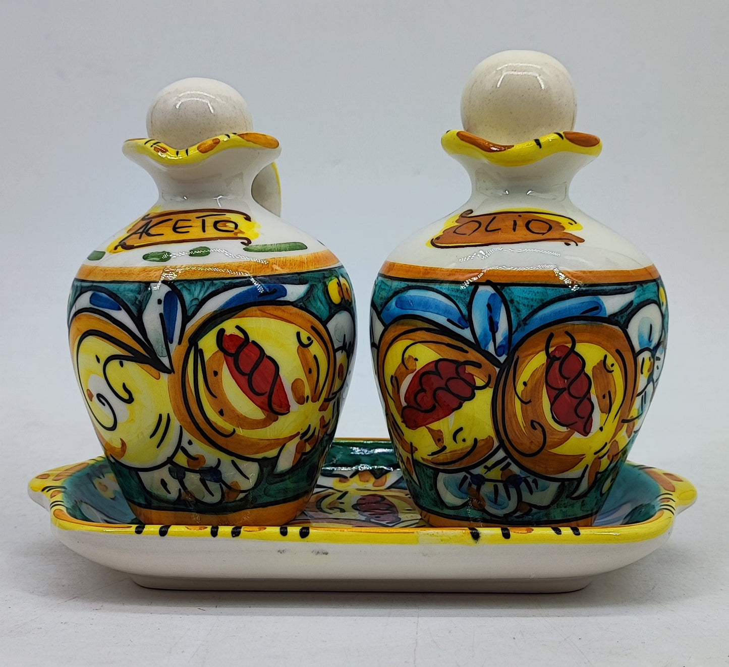 Sicilian Lemon Ceramic Oil and Vinegar Set with Tray – Hand-Painted Caltagirone Style