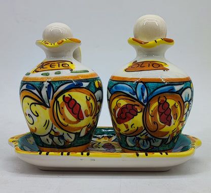 Sicilian Lemon Ceramic Oil and Vinegar Set with Tray – Hand-Painted Caltagirone Style
