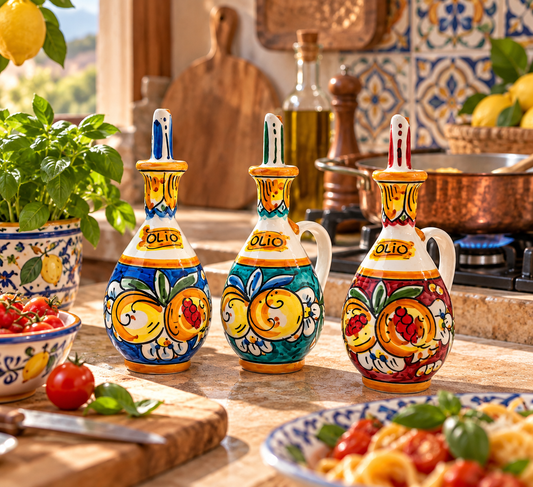sicilian-ceramic-olive-oil-bottles-colors.jpg
Three colorful hand-painted Sicilian ceramic olive oil bottles in blue, green and red, displayed in a Mediterranean-inspired setting.
