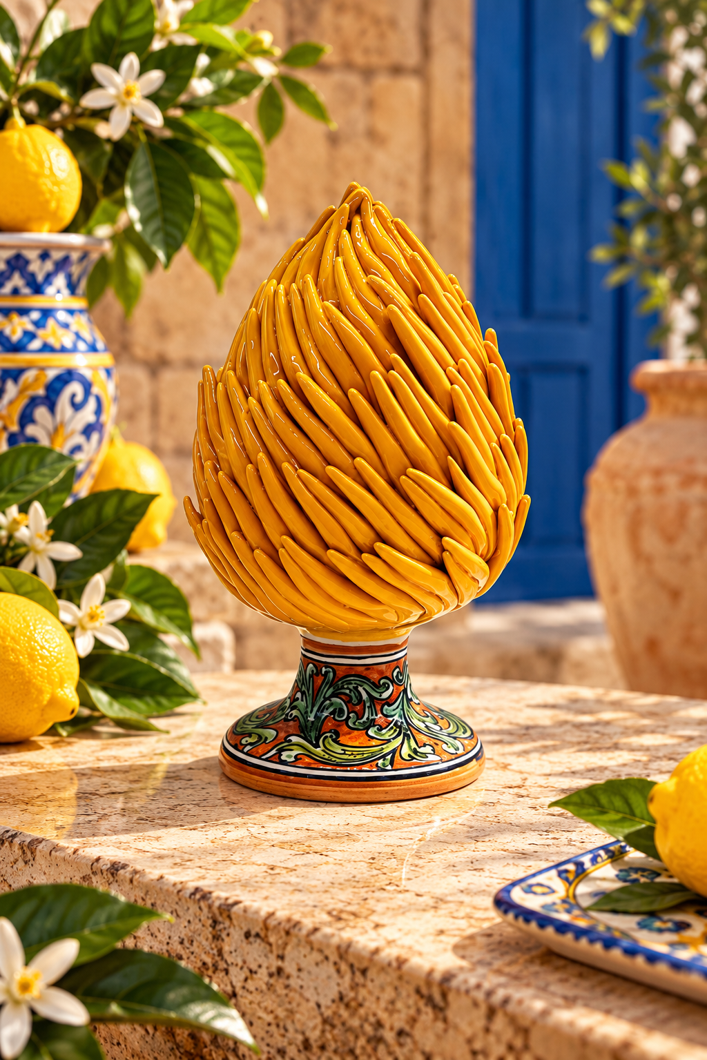Yellow Sicilian ceramic pine cone with hand-painted Caltagirone base, handcrafted in Sicily